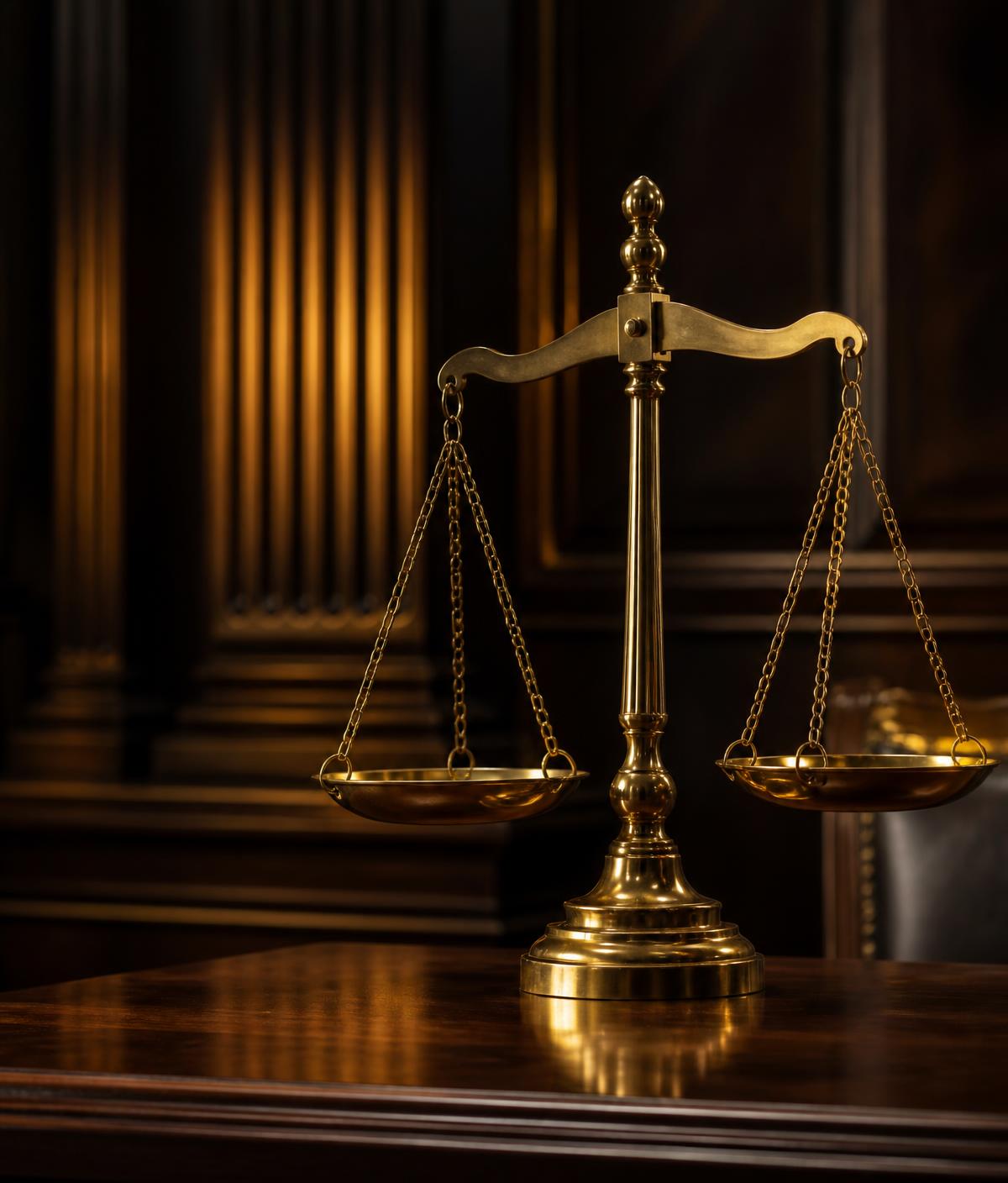 Brass scales of justice on a mahogany table